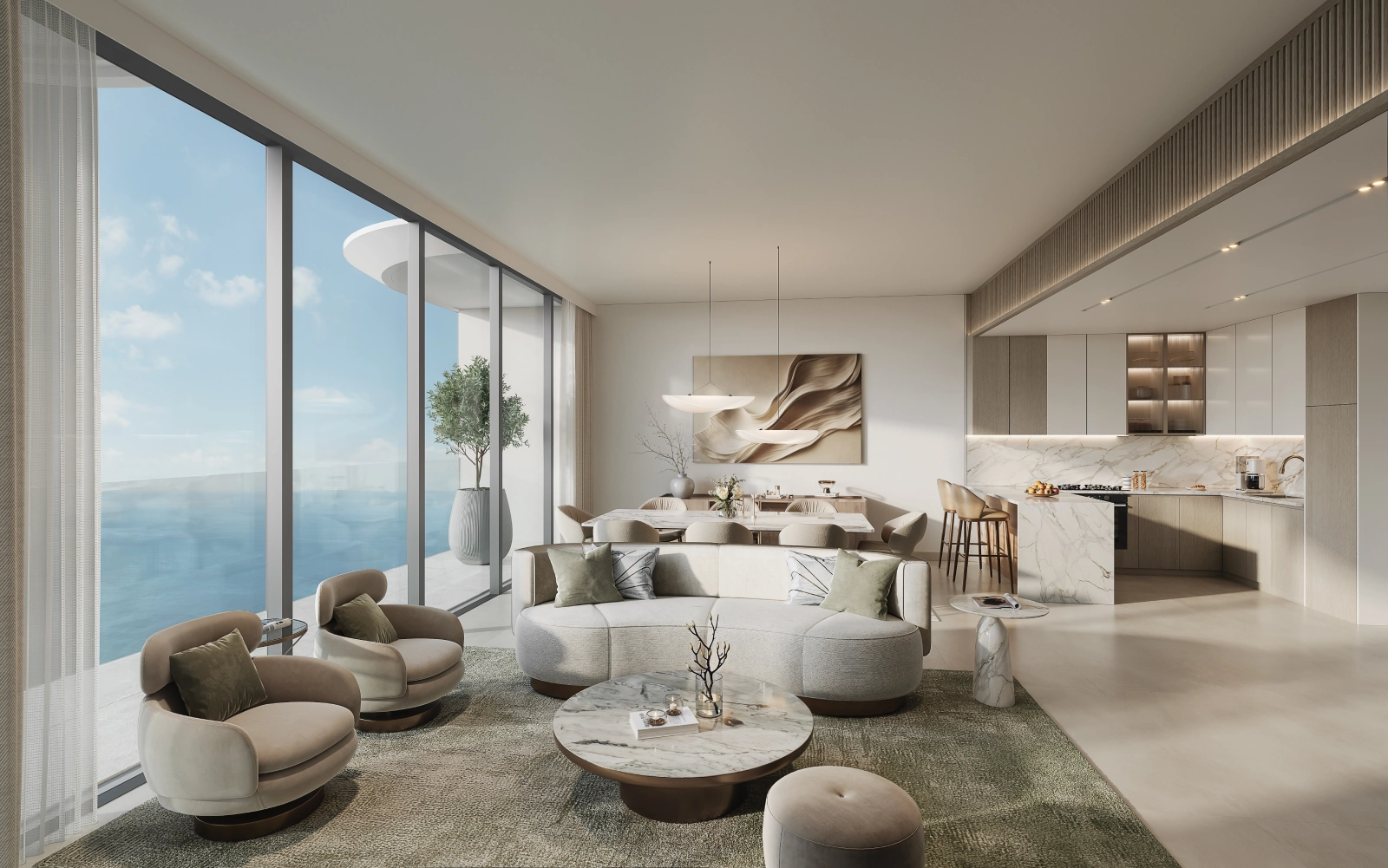 Hilton Residences — two-bedroom living, dining and kitchen interior render