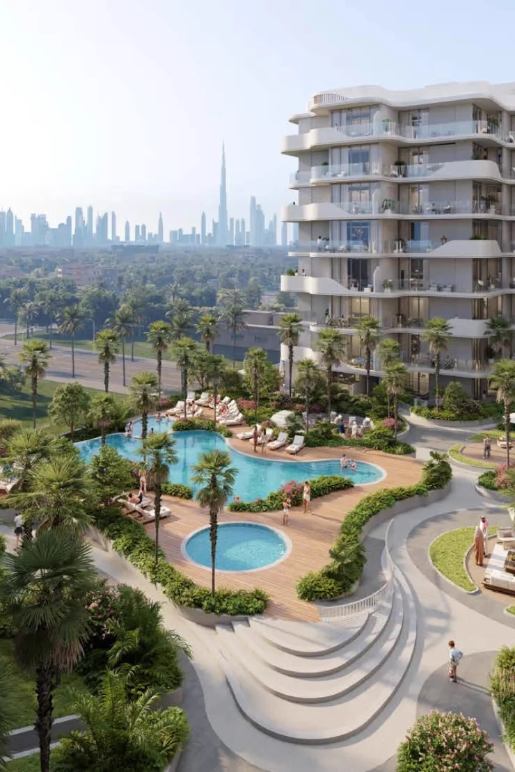 Propsearch artist's impression filed as Holm Central — pool deck and one cream mid-rise with Burj Khalifa beyond (CGI, not the labelled model)