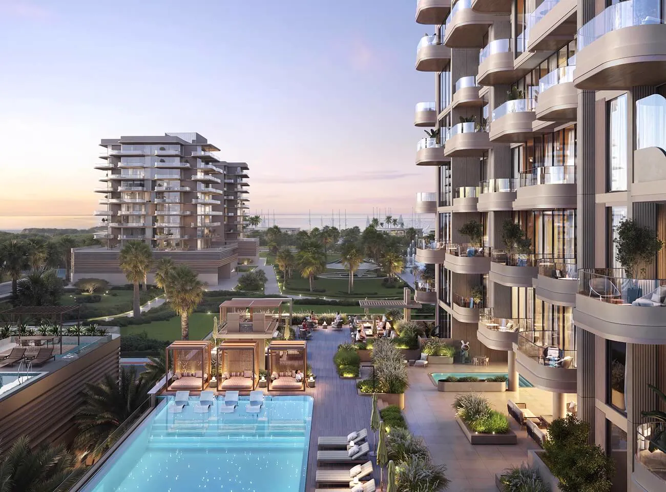 House of WELL campus — official clubhouse still of two stacked-terrace mid-rises around a podium pool