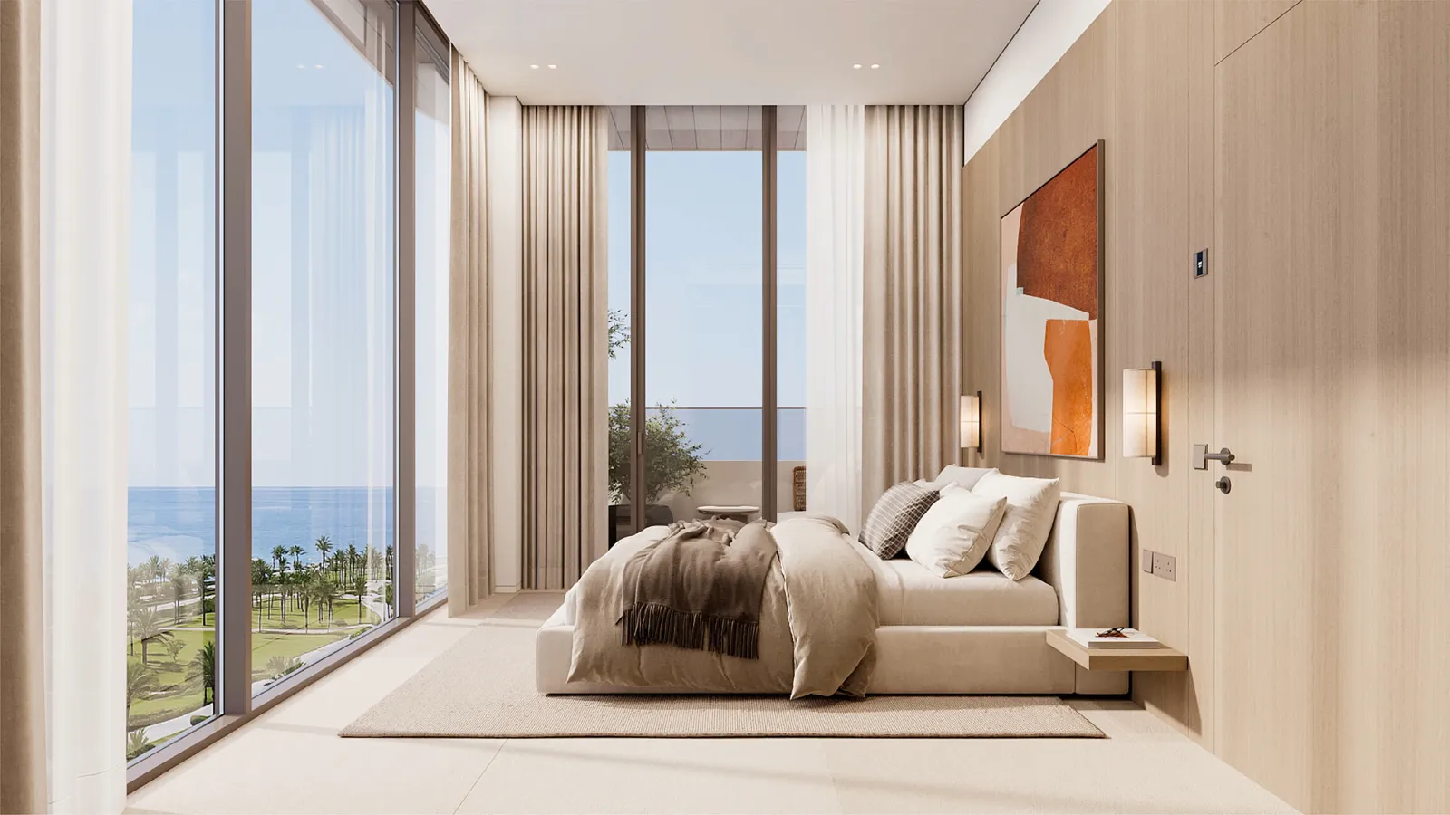 House of WELL 02 — official bedroom interior with floor-to-ceiling glass and a sea view