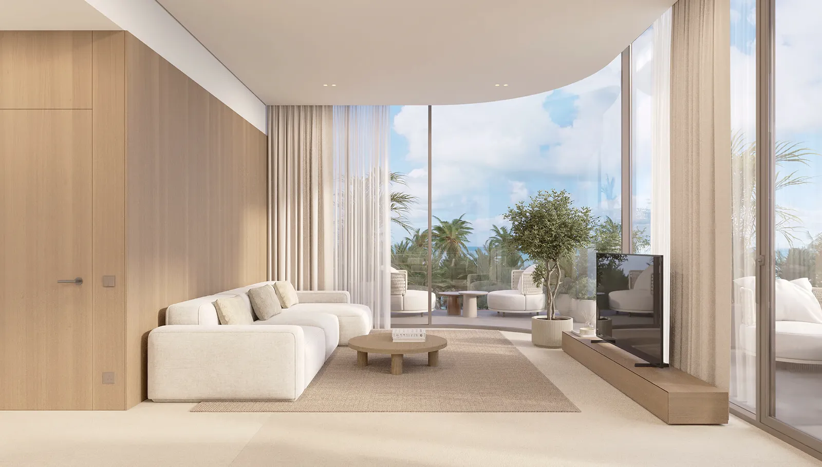 House of WELL 02 — official living-room interior looking onto a curved terrace