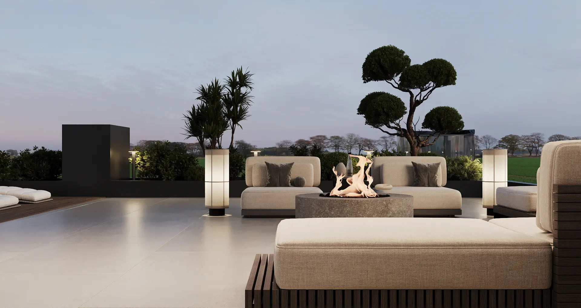 Isola Villa — rooftop terrace fire pit lounge marketing still