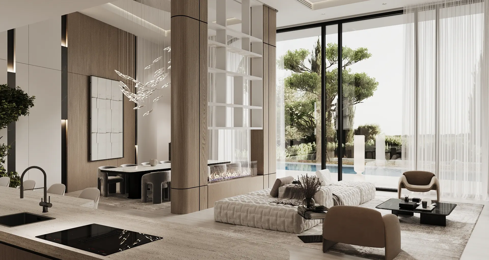 Isola Villa — open-plan living, dining and kitchen marketing still