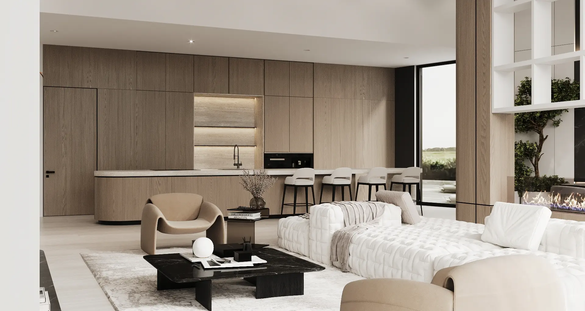 Isola Villa — ground floor living and kitchen island marketing still