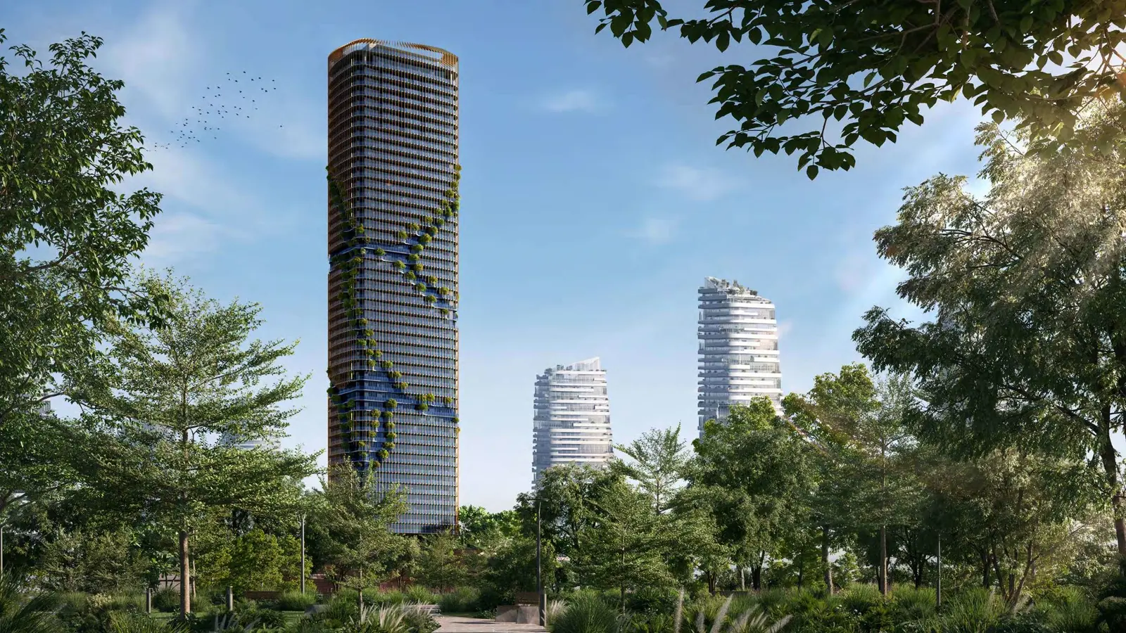 Kanyon by Beyond — wide exterior marketing still of the Forest District tower among greenery
