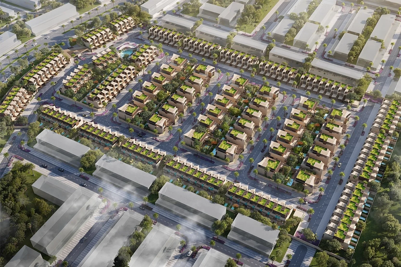 Kensington Gardens — aerial CGI of the green-roof townhouse and villa cluster