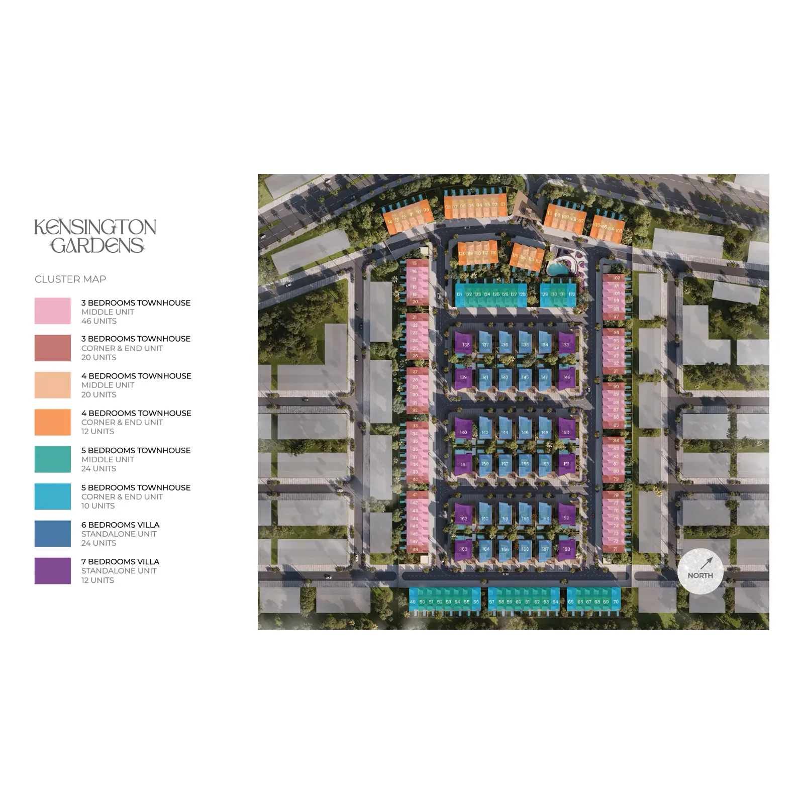 Kensington Gardens — official cluster map of 3–5 bed townhouses and 6–7 bed villas