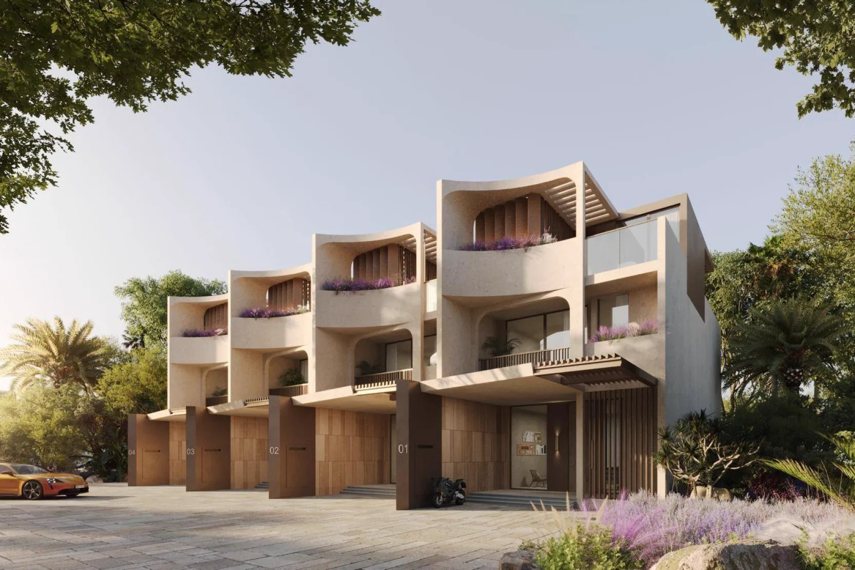 Kensington Gardens — corner townhouse terrace numbered 01–04 with curved upper loggias