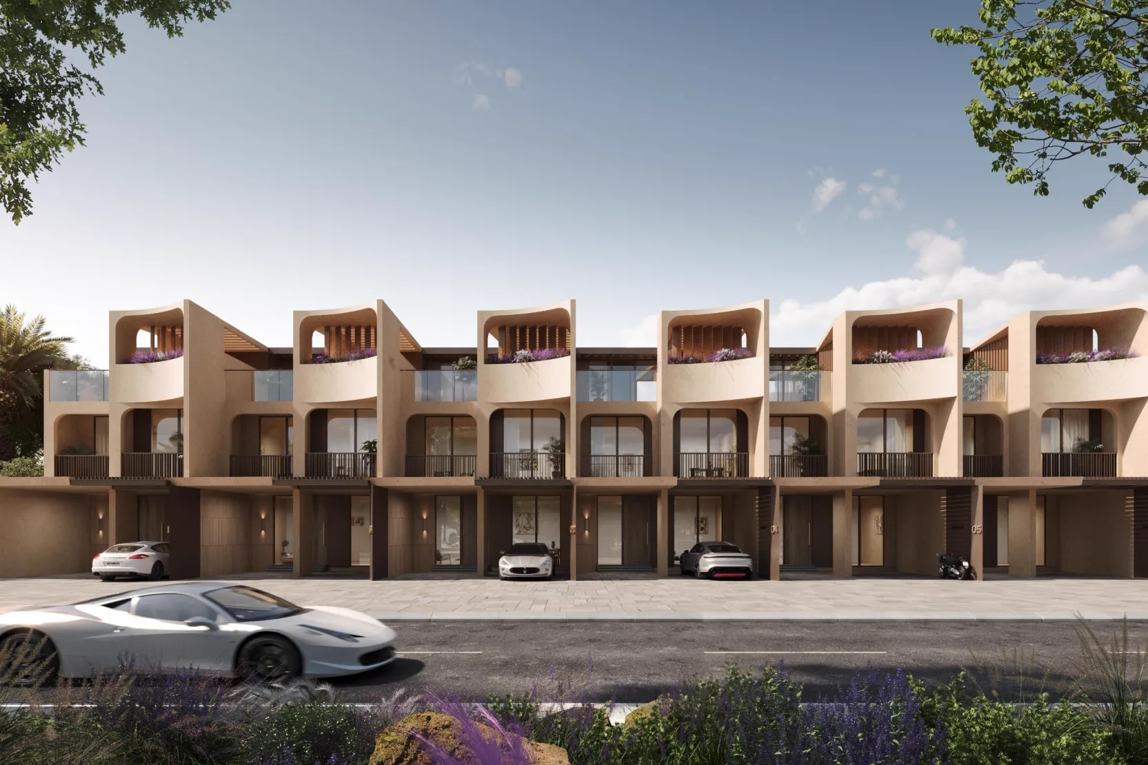 Kensington Gardens — beige 3-storey townhouse terrace with curved loggias and street parking