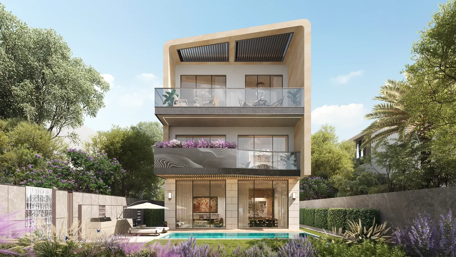 Knightsbridge 2 — official marketing still of The Chatsworth 5-bedroom villa rear elevation with pool