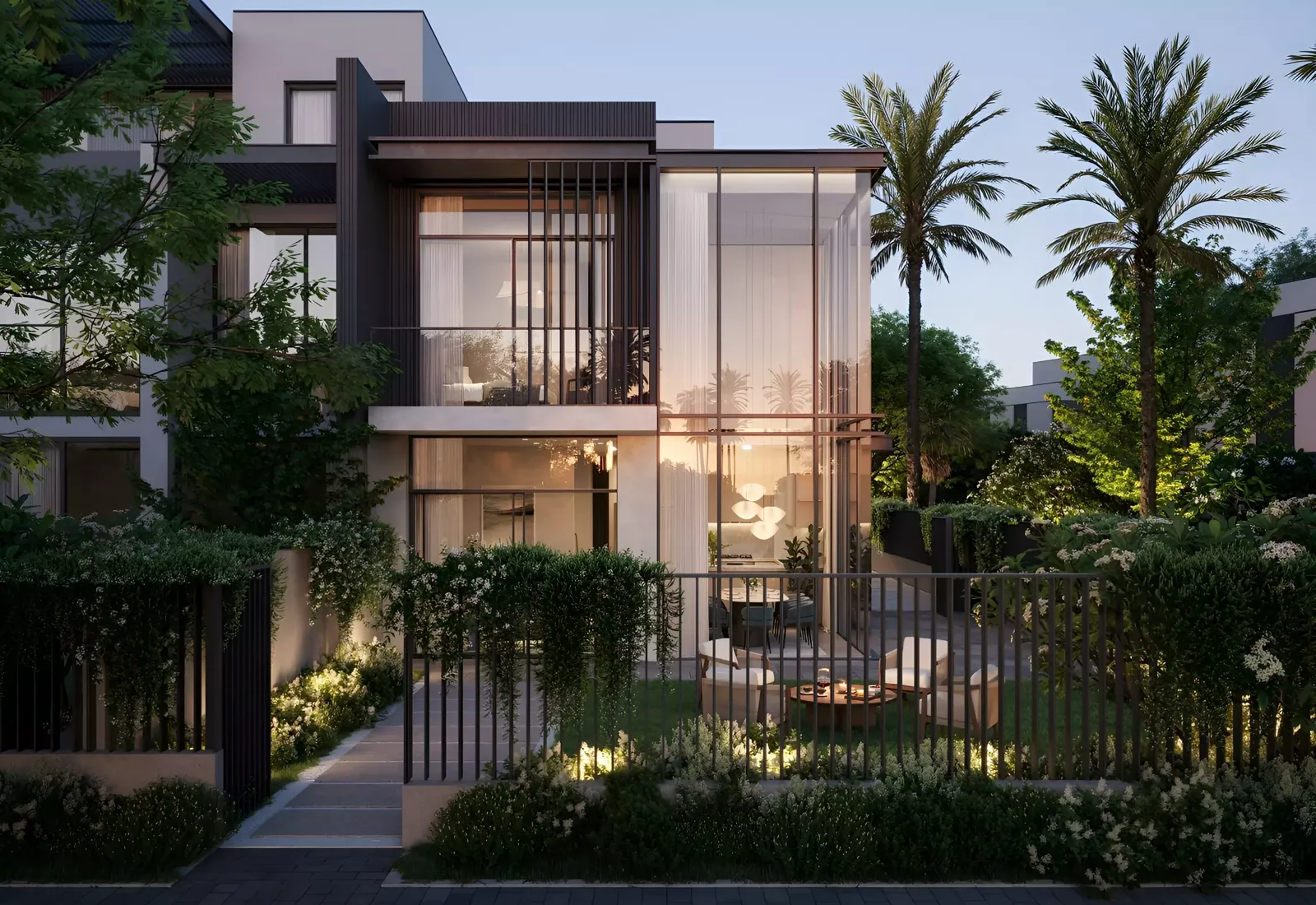 Official La Tilia evening townhouse facade — double-height glass corner, slatted balcony, two palms