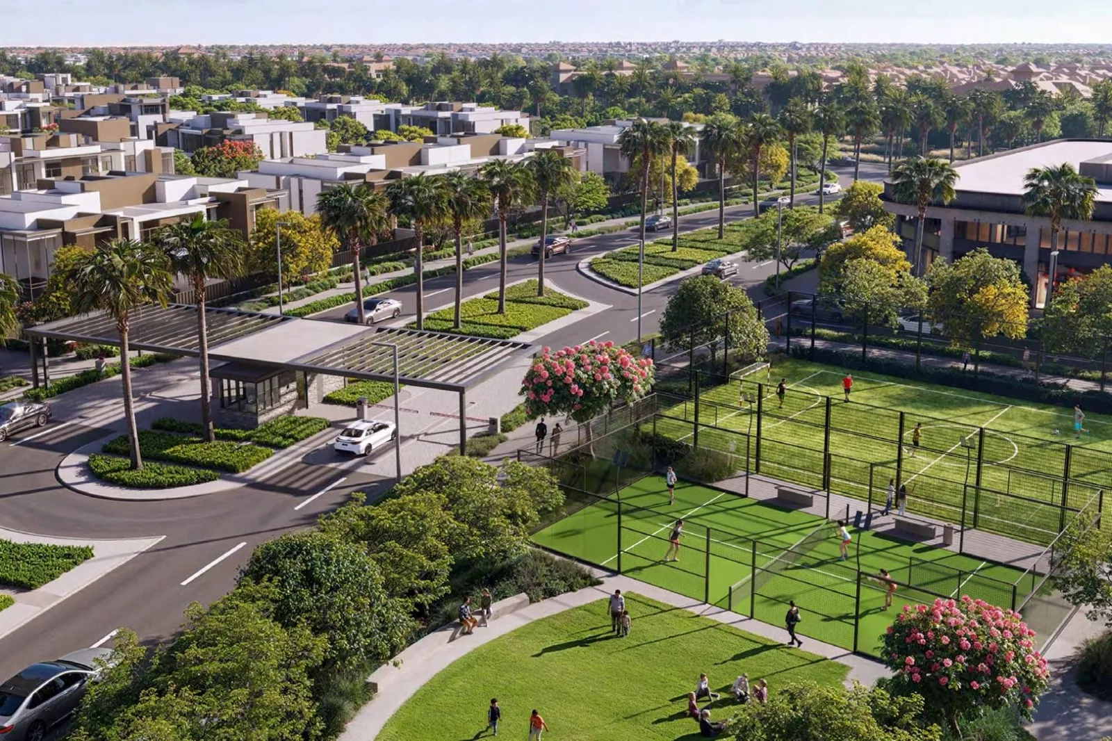 Official-style La Tilia gate, palm boulevard and sports courts at Villanova