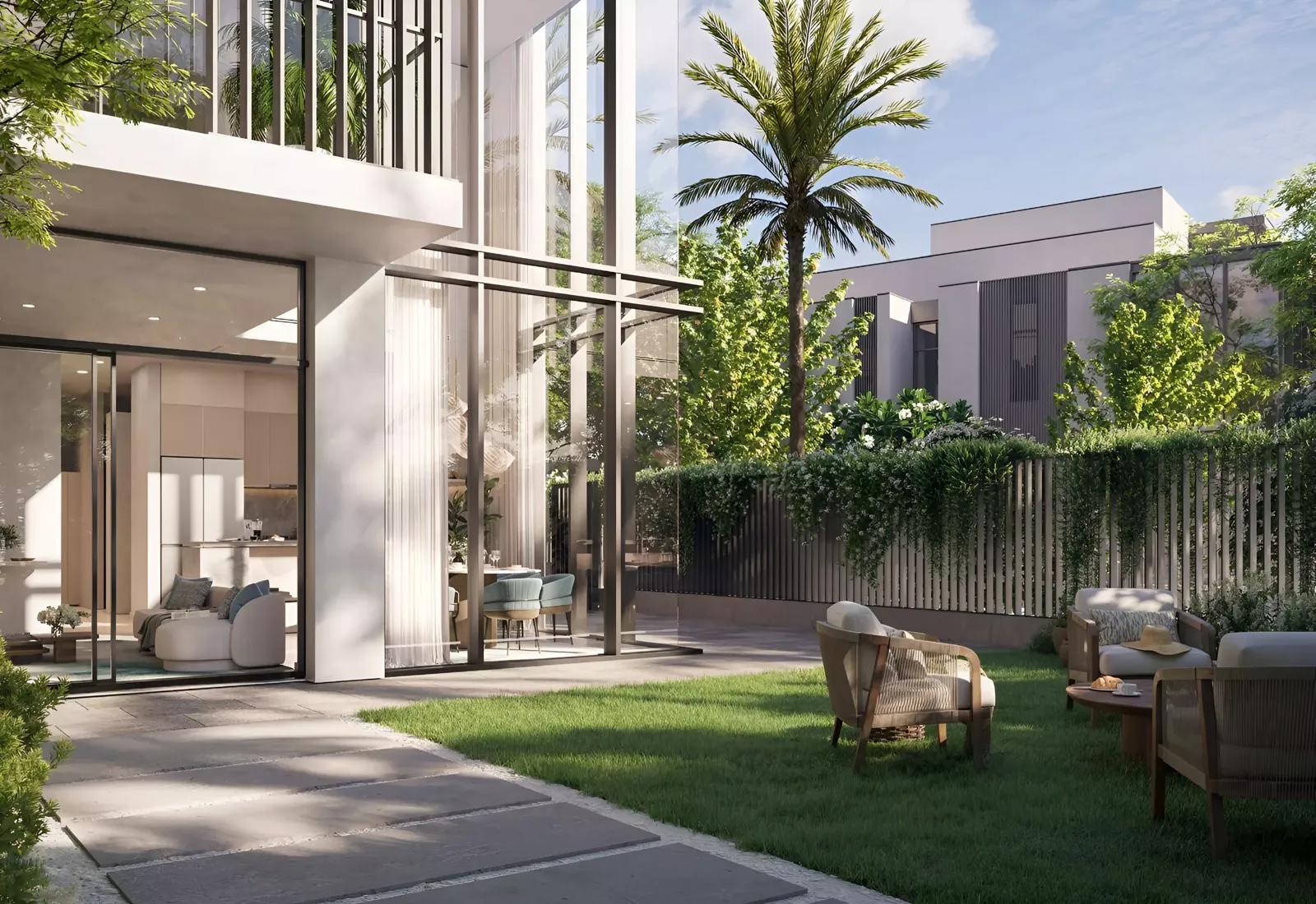 La Tilia private garden and double-height glass living room — leftover Property Finder still