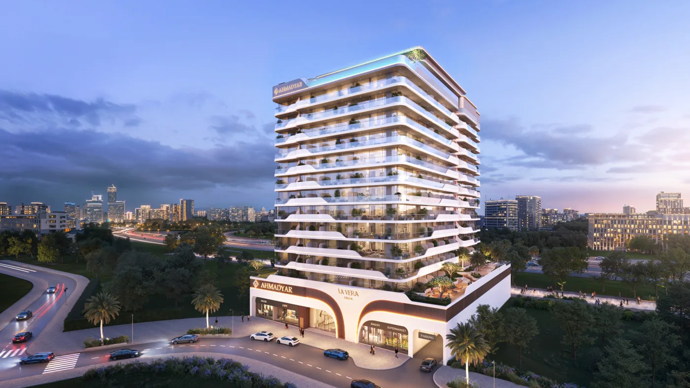 La Vera Creek — official exterior marketing still of tower massing
