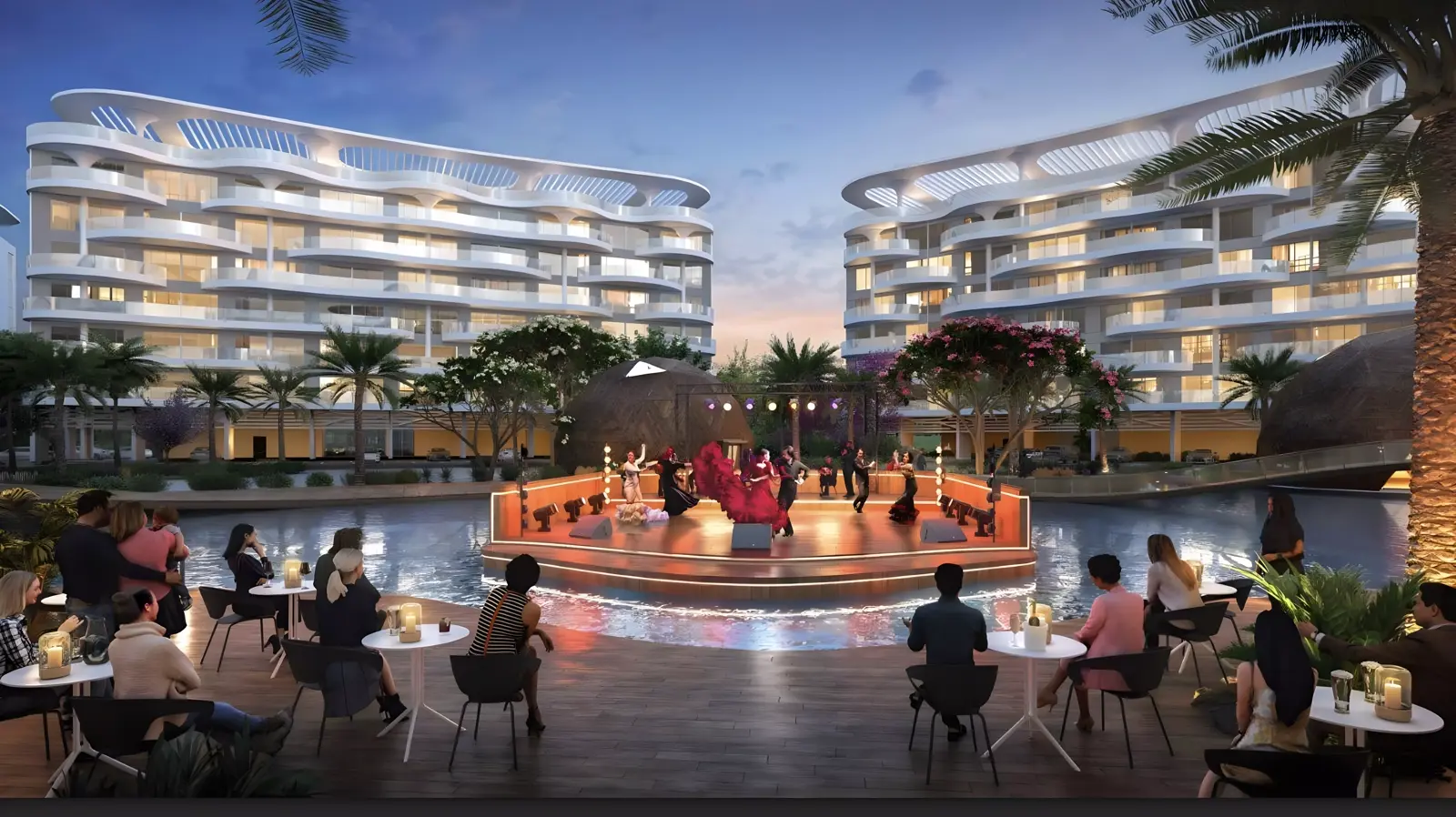 Lagoon Views 11 at DAMAC Lagoons — marketing exterior alternate angle of the lagoon apartment campus