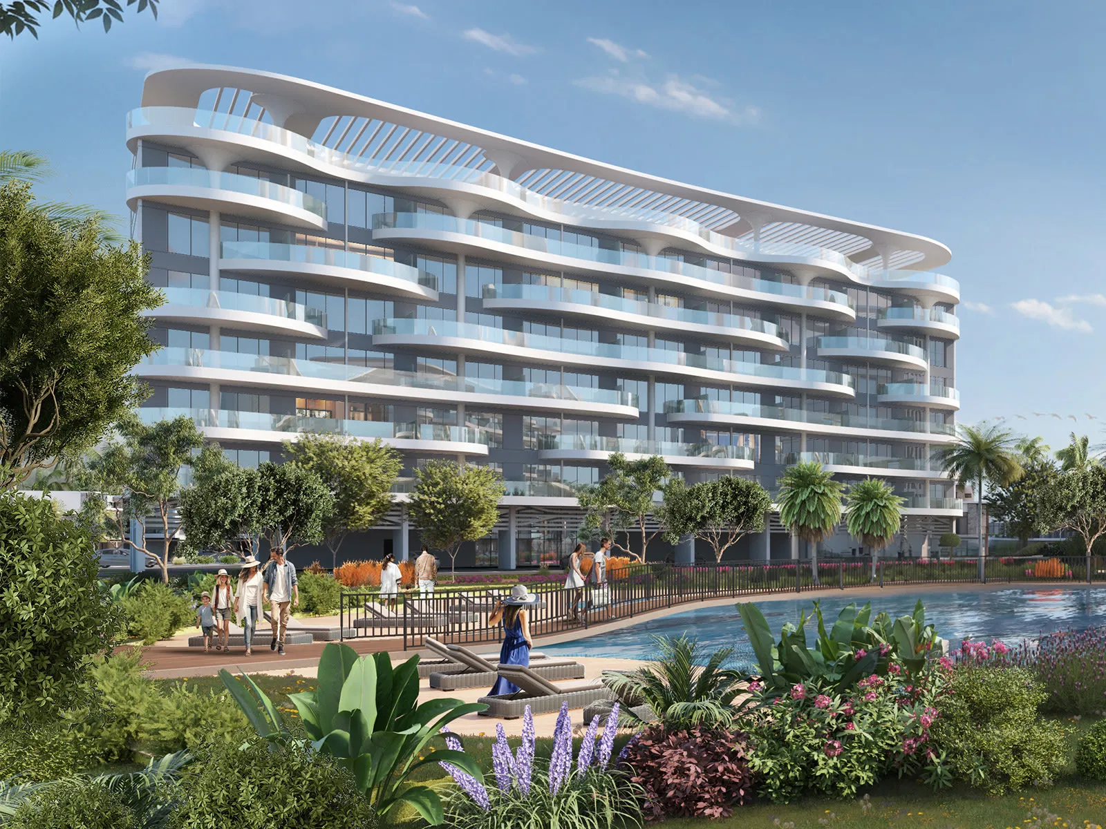 Lagoon Views 12 at DAMAC Lagoons — official close exterior of a white curved balcony block with slatted roof crown beside a pool