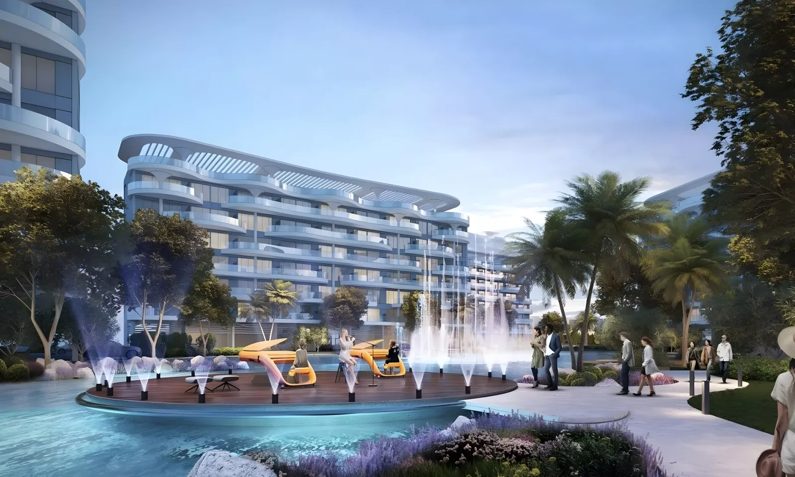 Lagoon Views 12 at DAMAC Lagoons — Property Finder fountain-plaza still of the same curved mid-rise product
