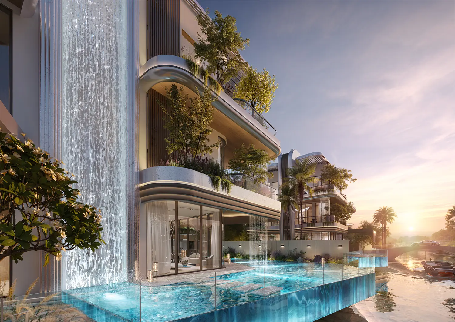 LEOS Royal — official dusk still of a signature canal villa with waterfall facade and infinity pool