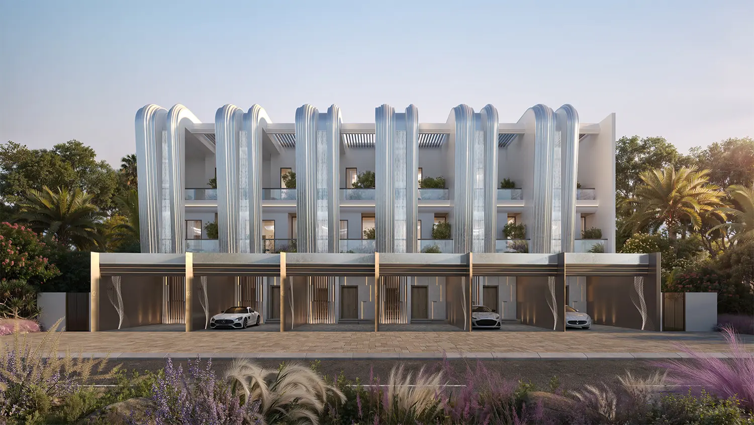 LEOS Royal — official marketing still of a 3–4 bedroom townhouse terrace with waterfall columns