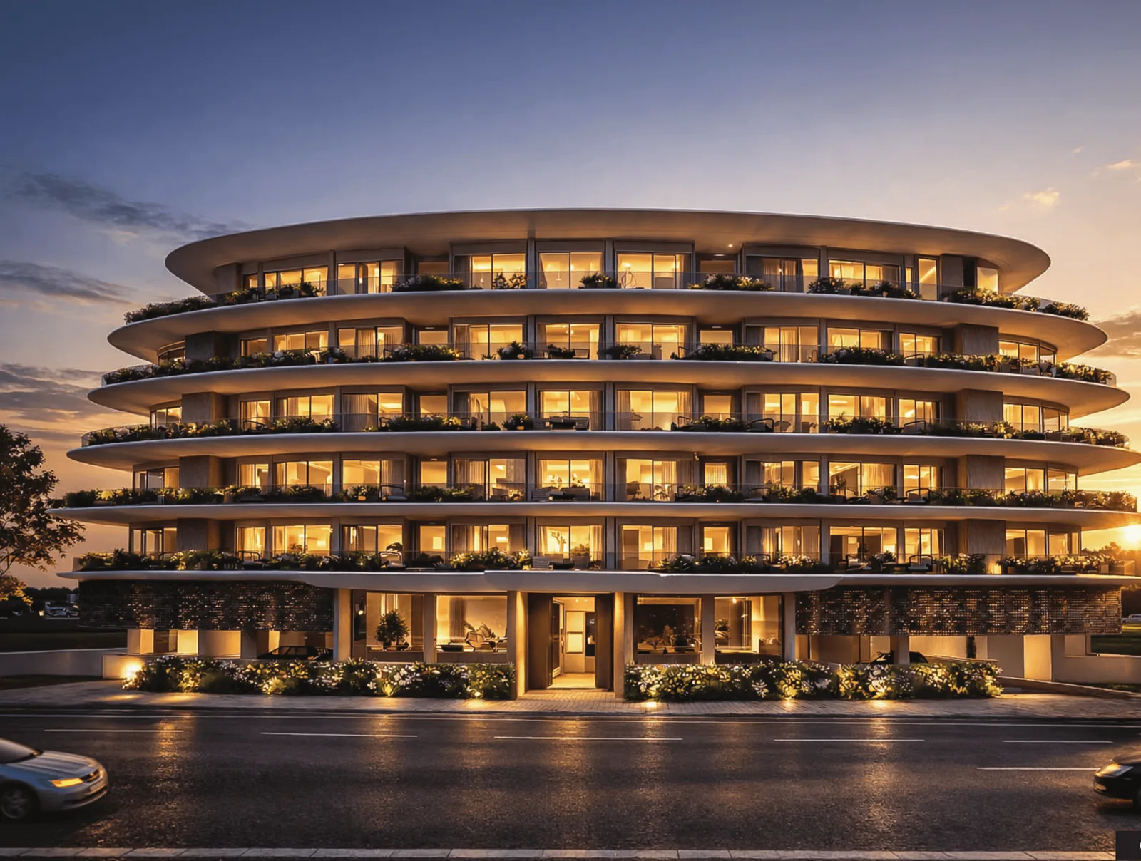 Lincoln Star Residence IV — official dusk front elevation of the oval terrace building