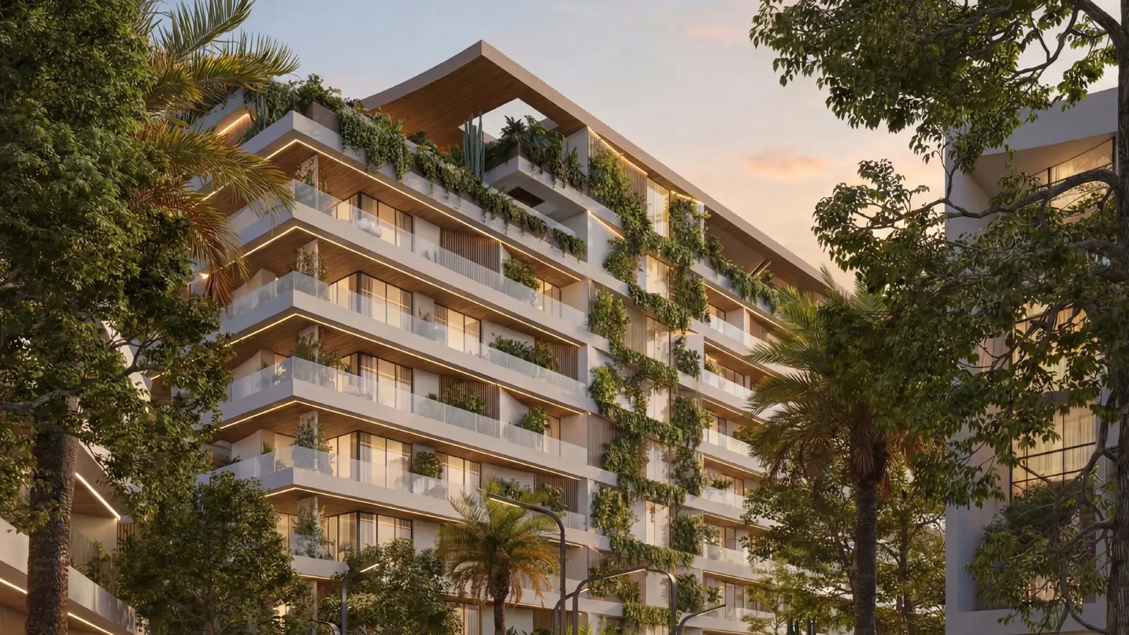 Lunaya Terraces — daytime facade with planted balconies and canopy roof