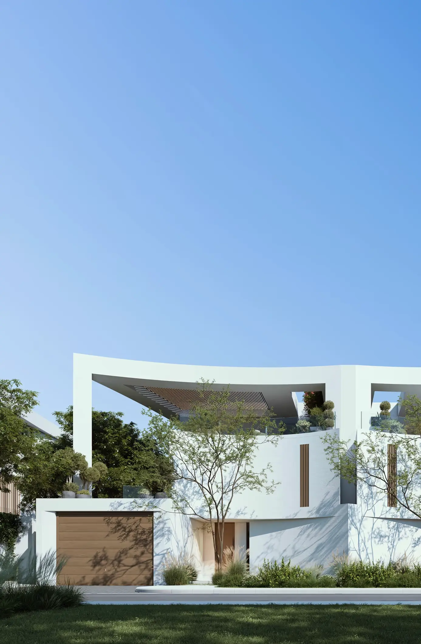 Lunaya official Type 04 front view — white curved roof villa with garage and landscaping