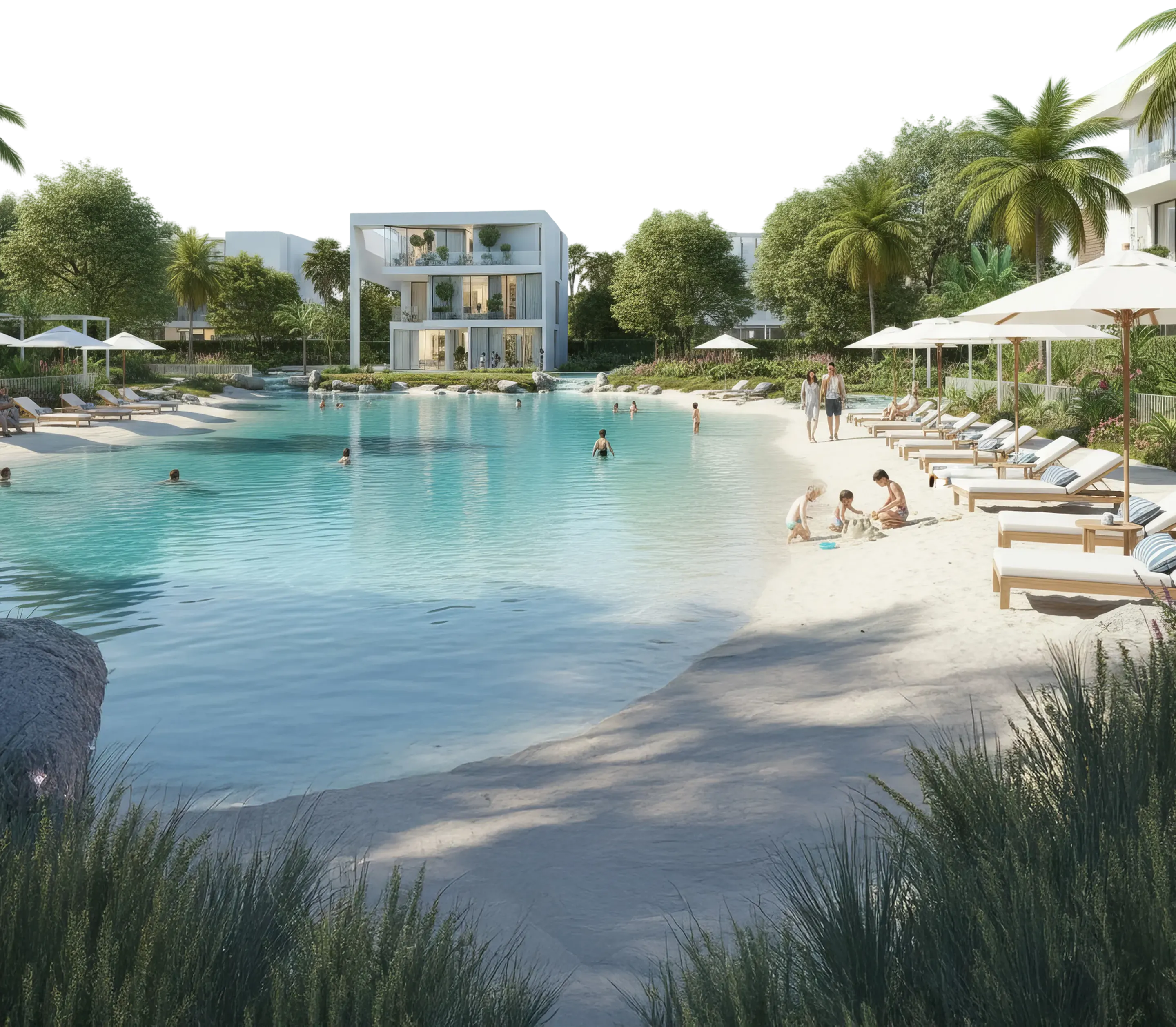 Lunaya — swimmable lagoon marketing still with landscaped beach edge