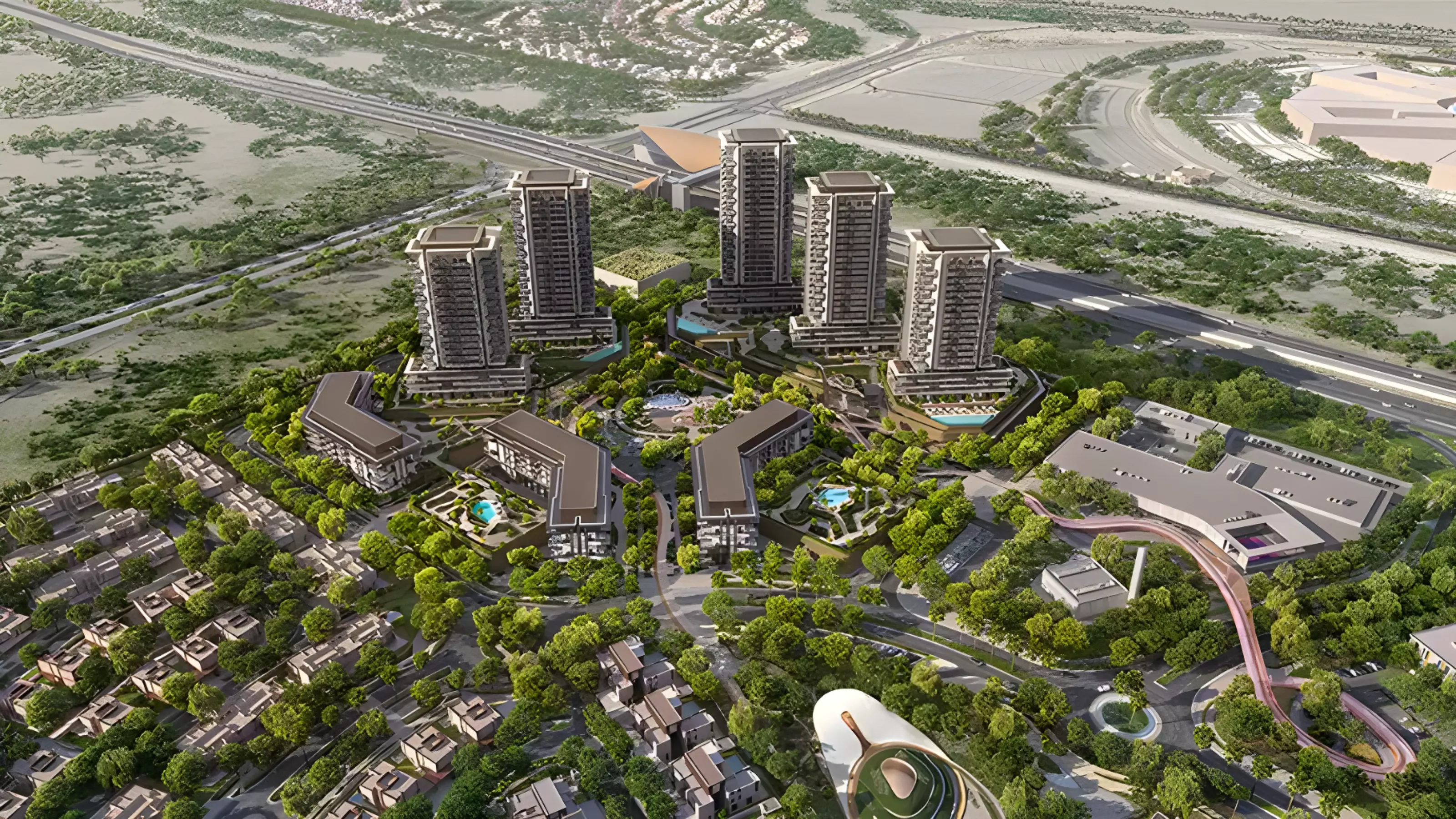 Rise by Athlon apartment cluster aerial — Magenta is the right-hand tower of the three-tower Rise 1 group