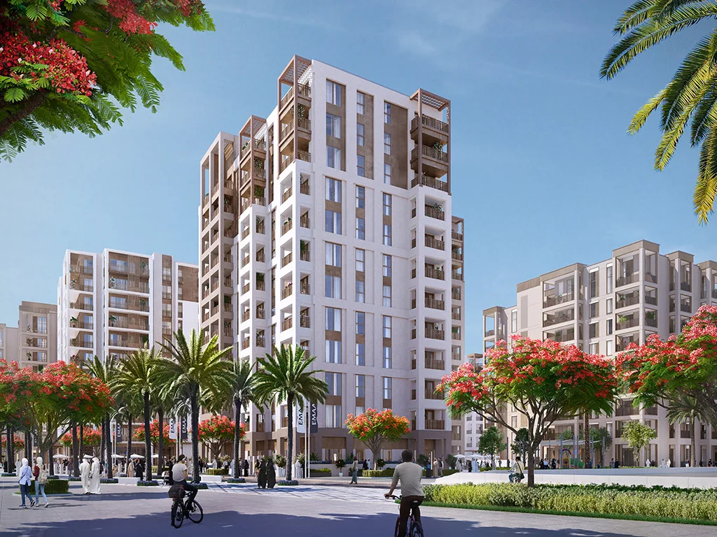 Mangrove at Dubai Creek Harbour — plaza-facing architecture marketing render