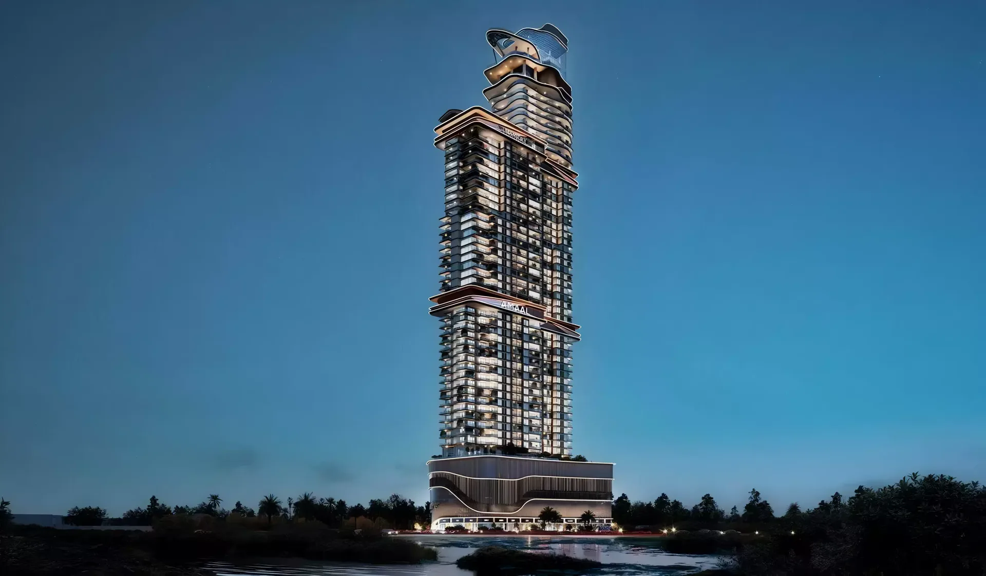 Mansory Residences — leftover dusk still of the same sculptural tower over wetlands, AMAAL mid-band and glass crown