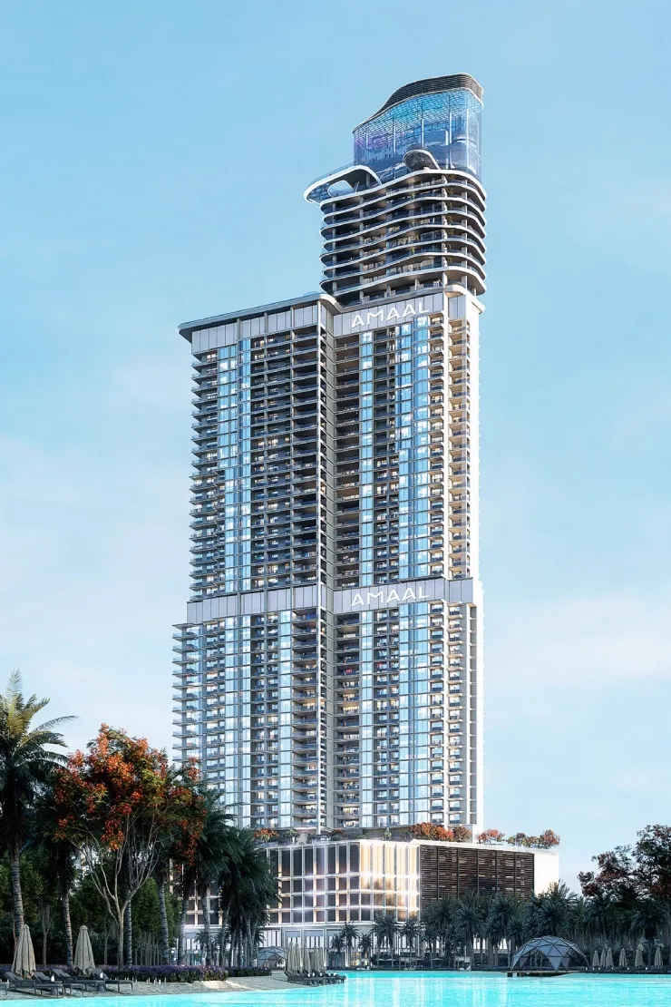 Mansory Residences — closer AMAAL-labelled shaft above a lagoon pool, Propsearch Amaal 8 still