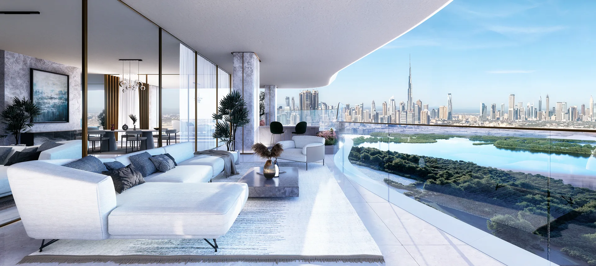 Mansory Residences — official balcony living render looking toward Downtown and Ras Al Khor mangroves