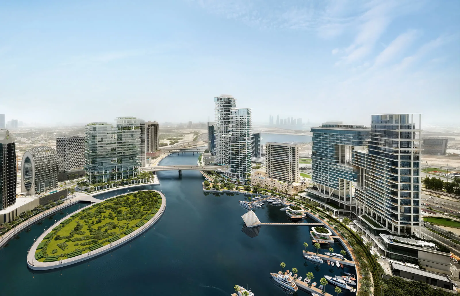 Marasi Bay Island — large aerial marketing still of island lifestyle amenities and bay edge