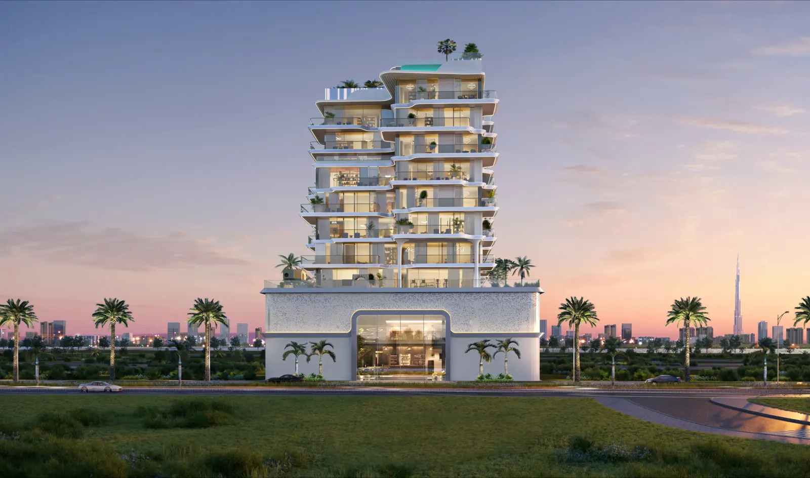 Meriden Beach Residences — dusk street elevation of the same white low-rise over a pebble podium, Burj Khalifa on the horizon