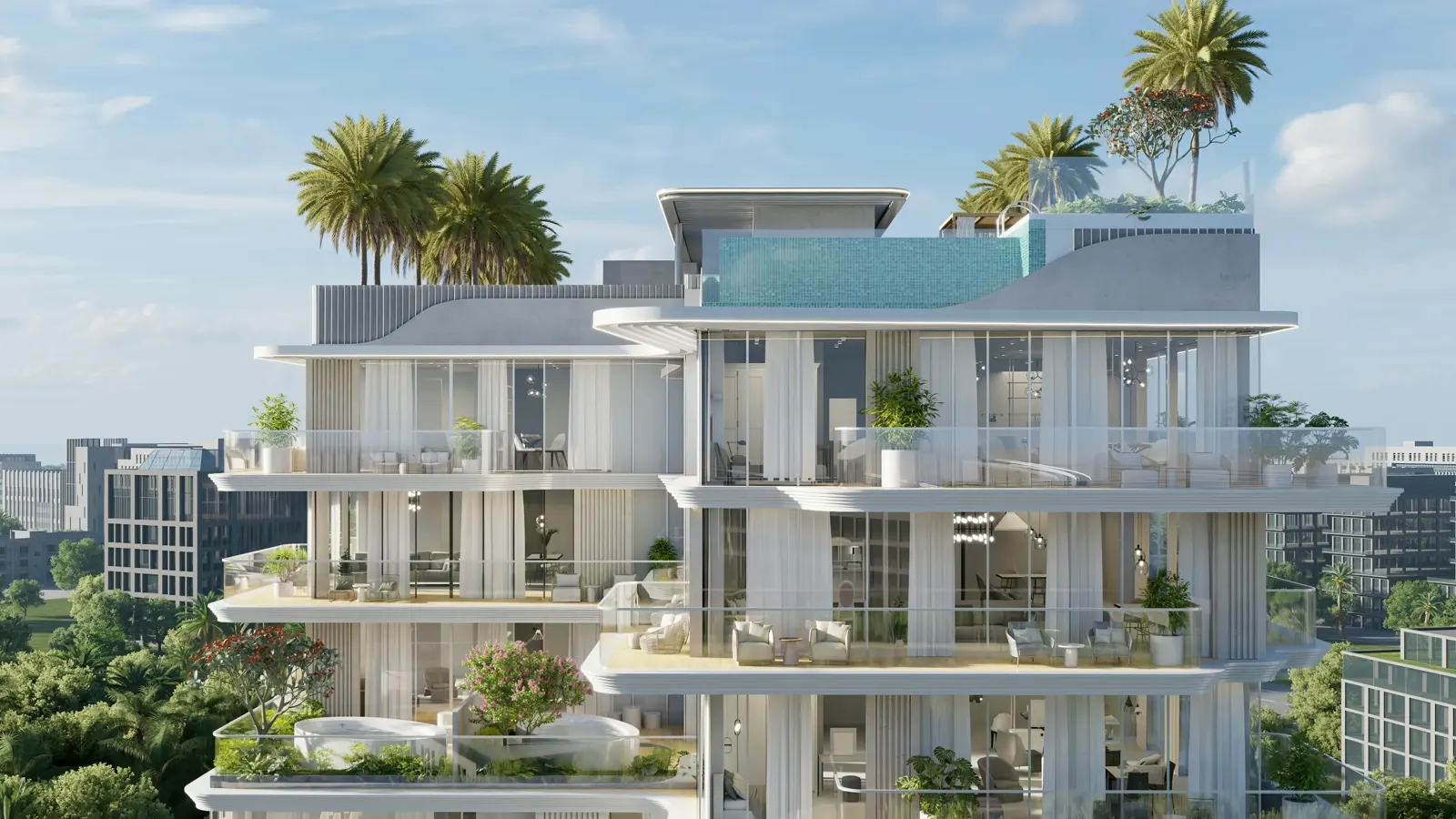 Meriden Beach Residences — closer facade of stacked wavy glass balconies and rooftop pool