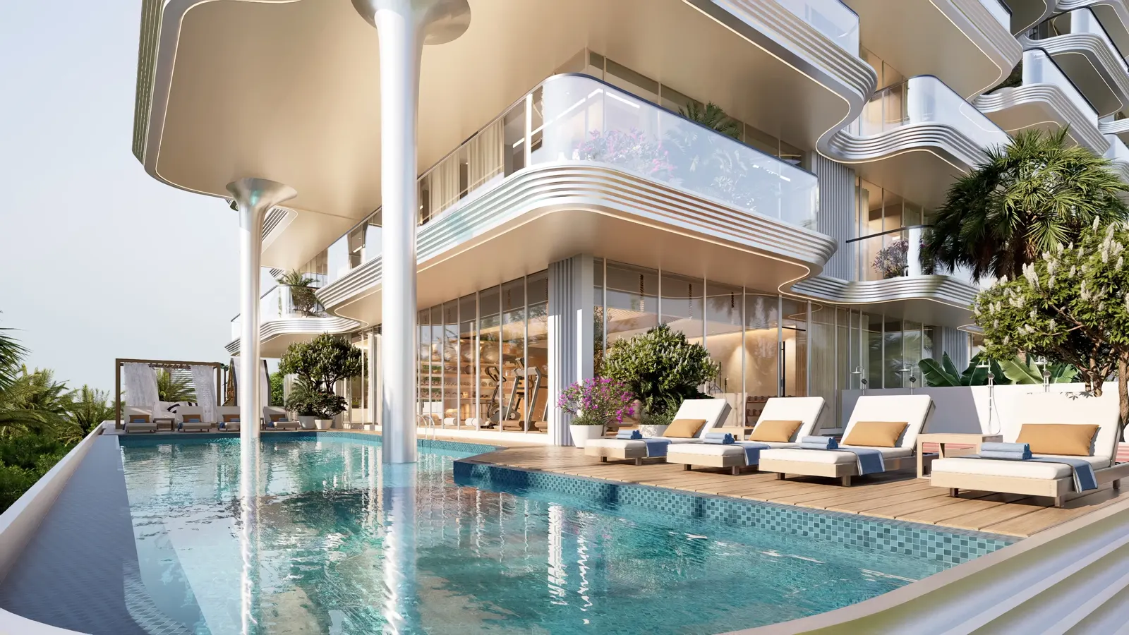 Meriden Beach Residences — official podium pool under the wavy balcony soffits
