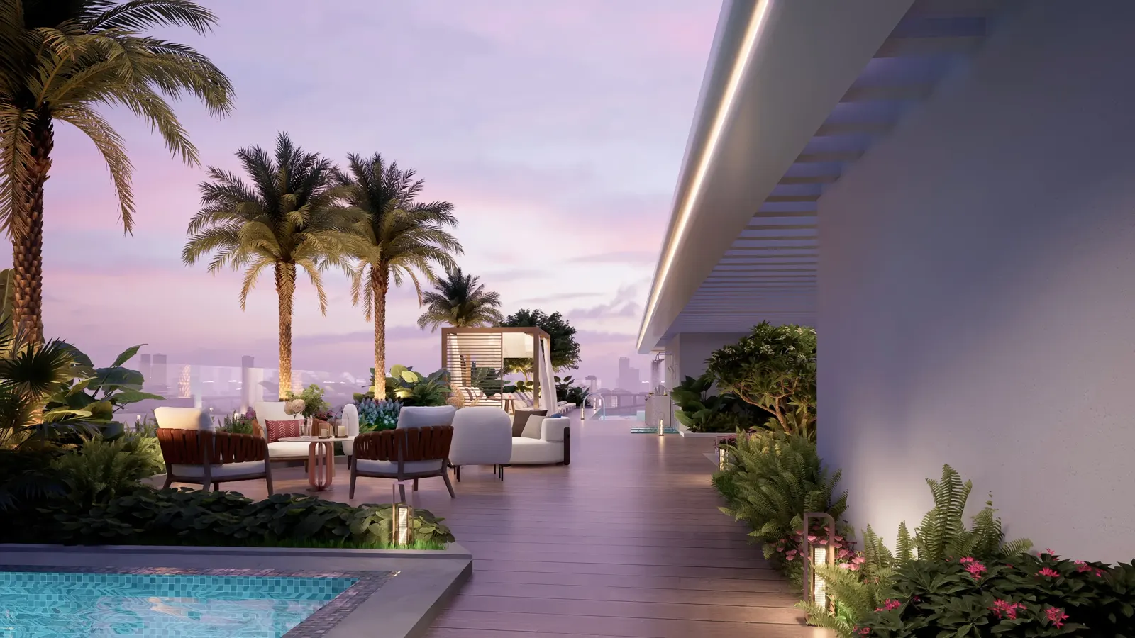 Meriden Beach Residences — official rooftop deck with palms, seating and pool edge
