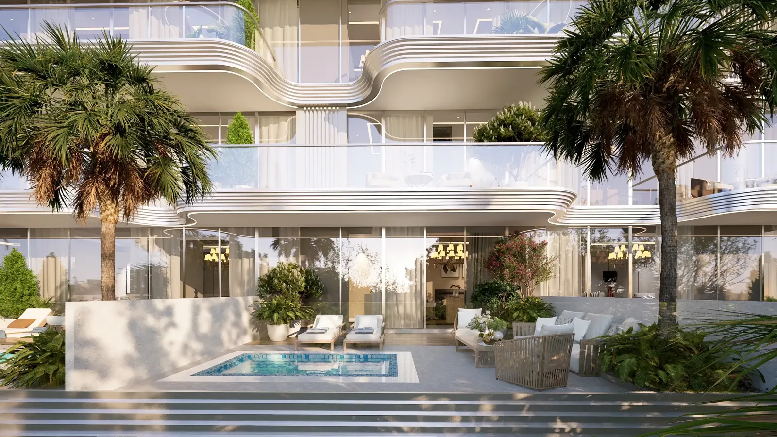 Meriden Beach Residences — official terrace with a private pool under wavy balconies