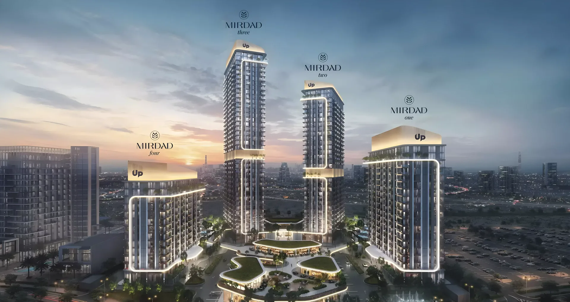 Mirdad Motor City — labeled night aerial naming Mirdad three as the tallest of four towers