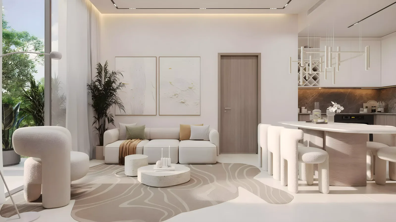 Mirdad Motor City — marketing living-room and kitchen interior still