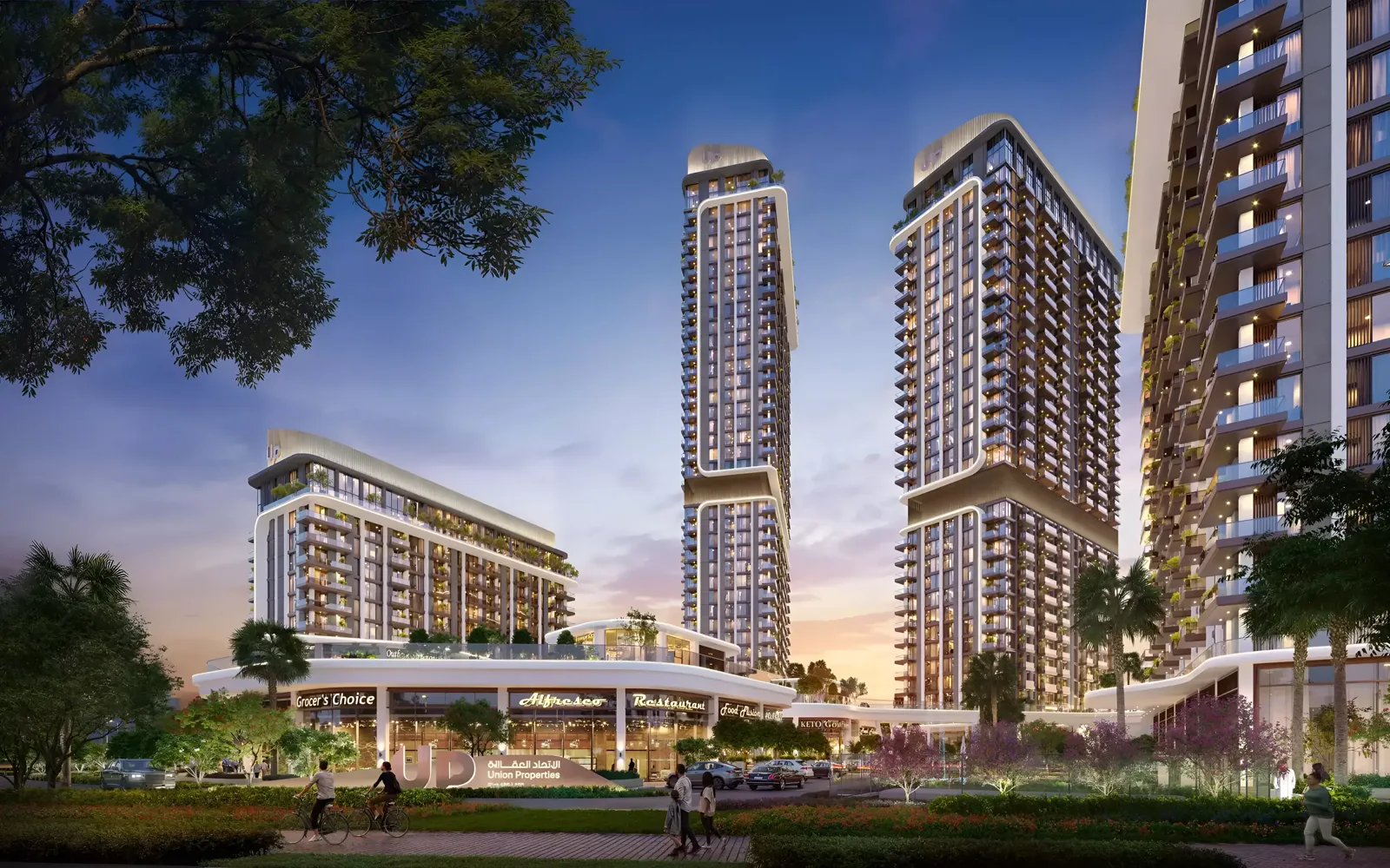 Mirdad Motor City — street-level marketing still of towers above Union Properties retail podium
