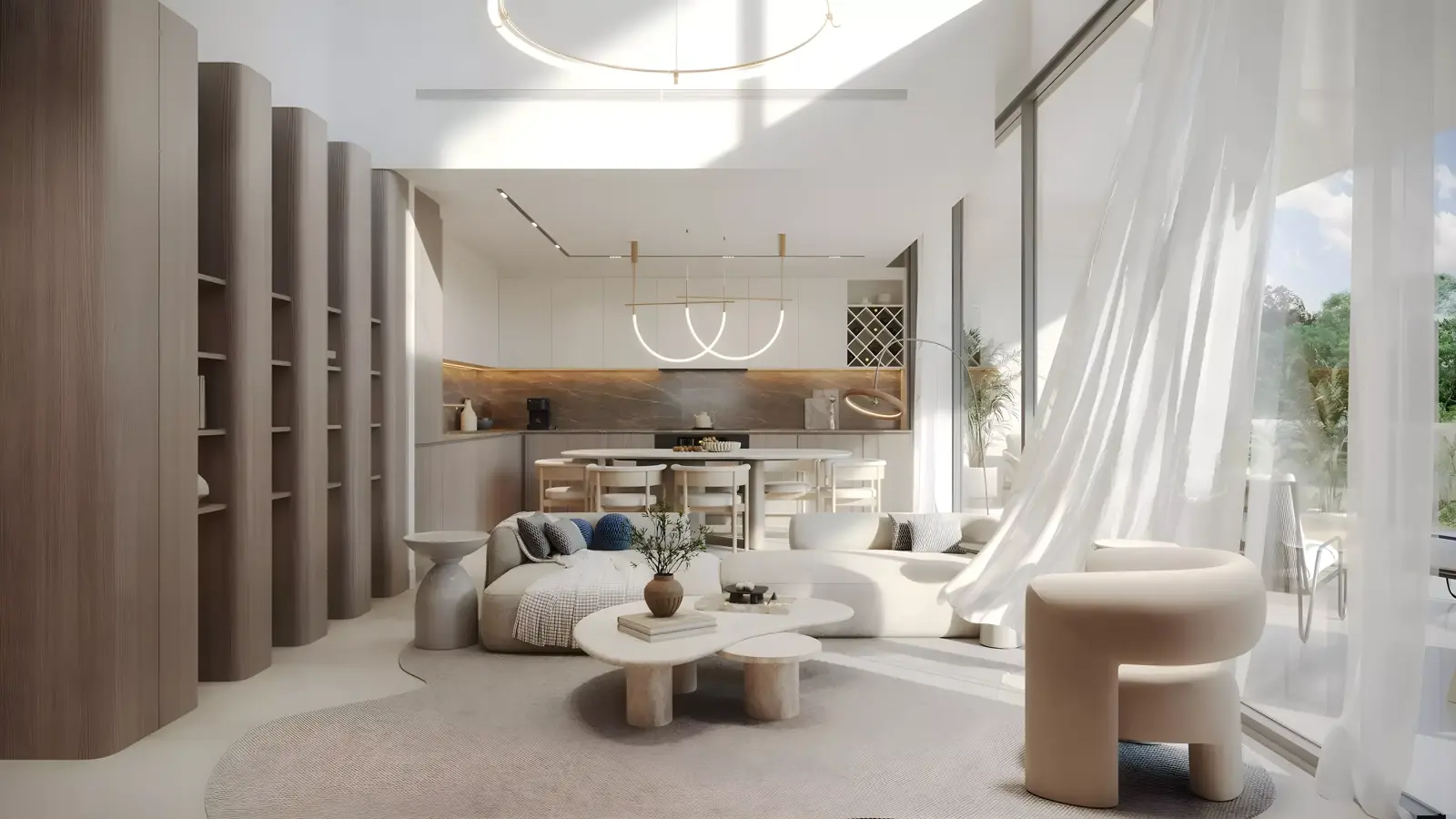 Mirdad Motor City — marketing interior living and kitchen render