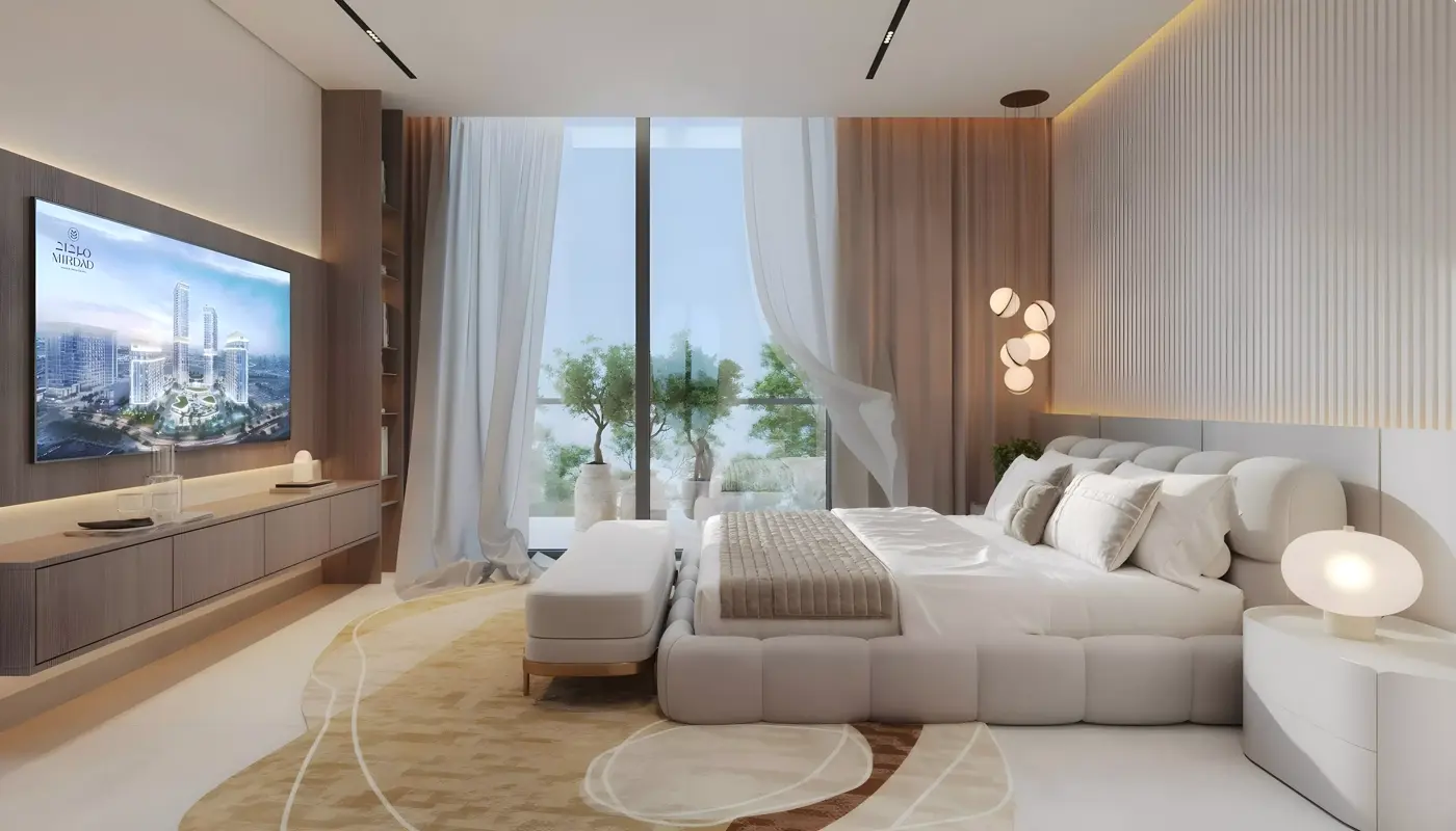 Mirdad Motor City — marketing bedroom interior still with Mirdad brand artwork
