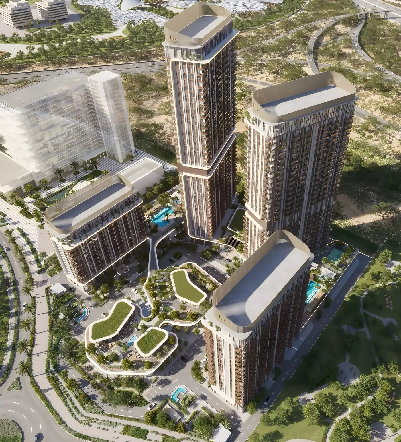 Mirdad by Union Properties — daytime aerial marketing still of four residential towers and central podium