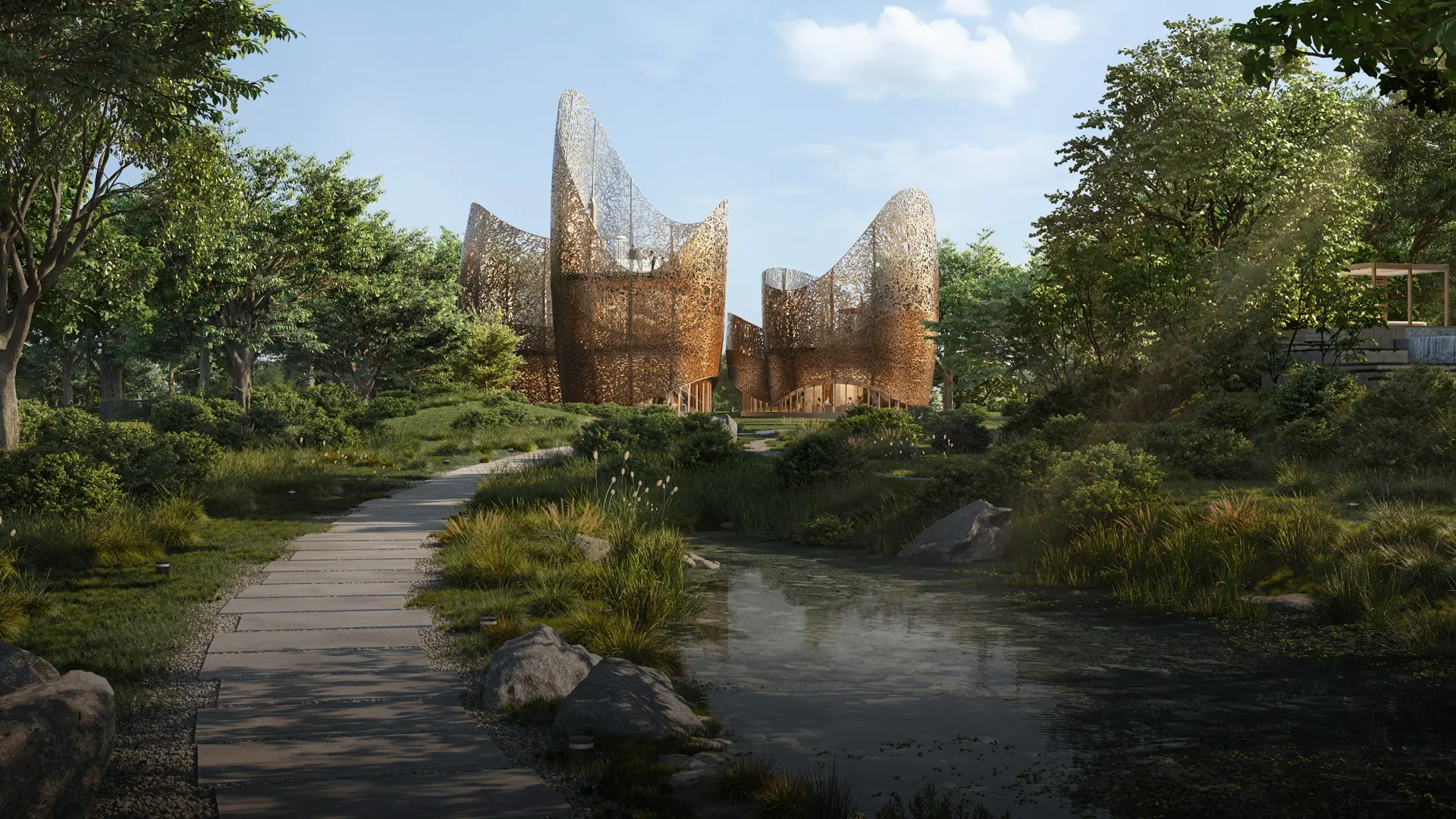 The Wilds Moringa Mansions — marketing still of mansion streetscape and park-facing setting