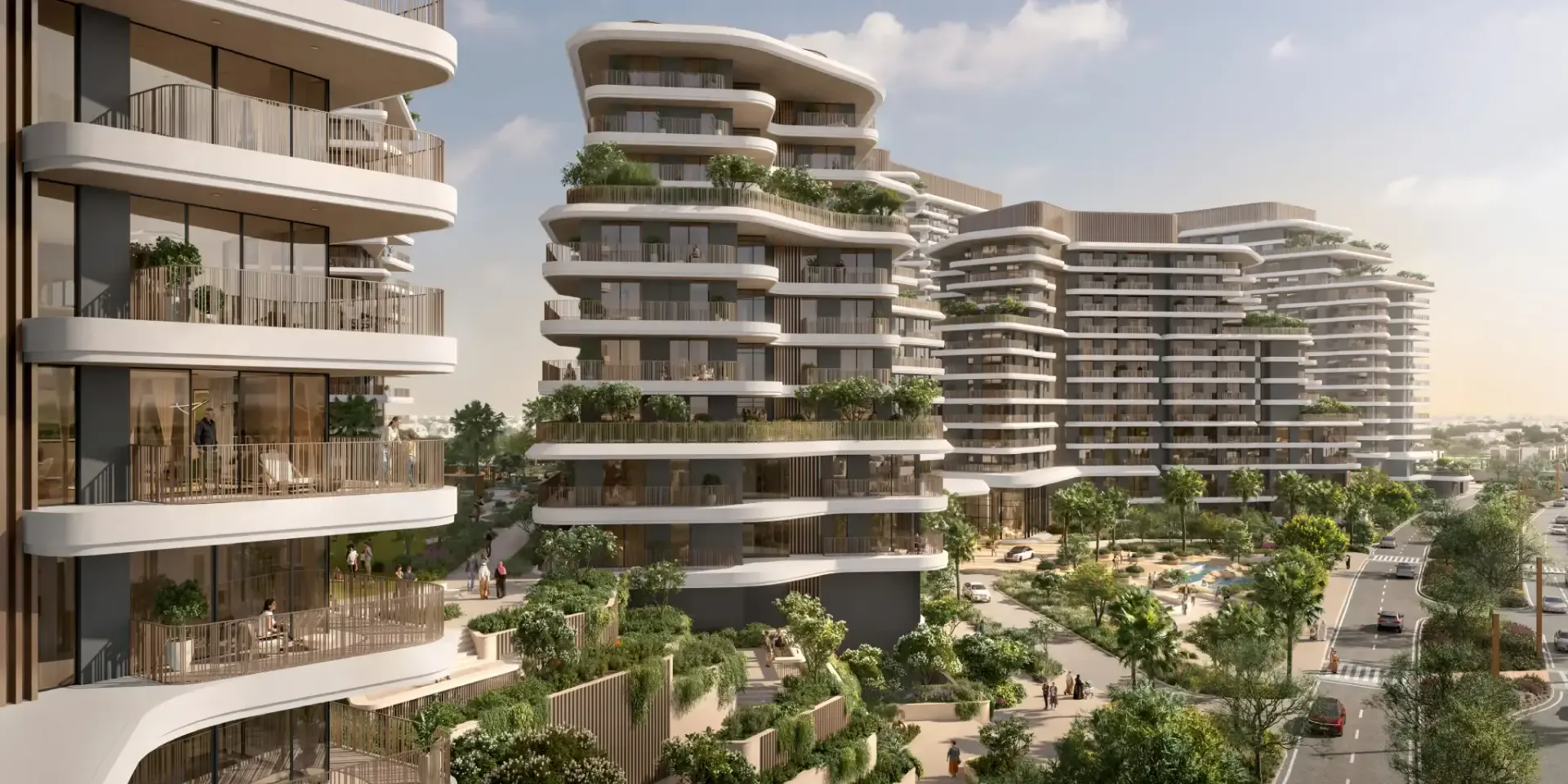 Verdes by Haven — official street-level marketing still of wavy-balcony apartment façades