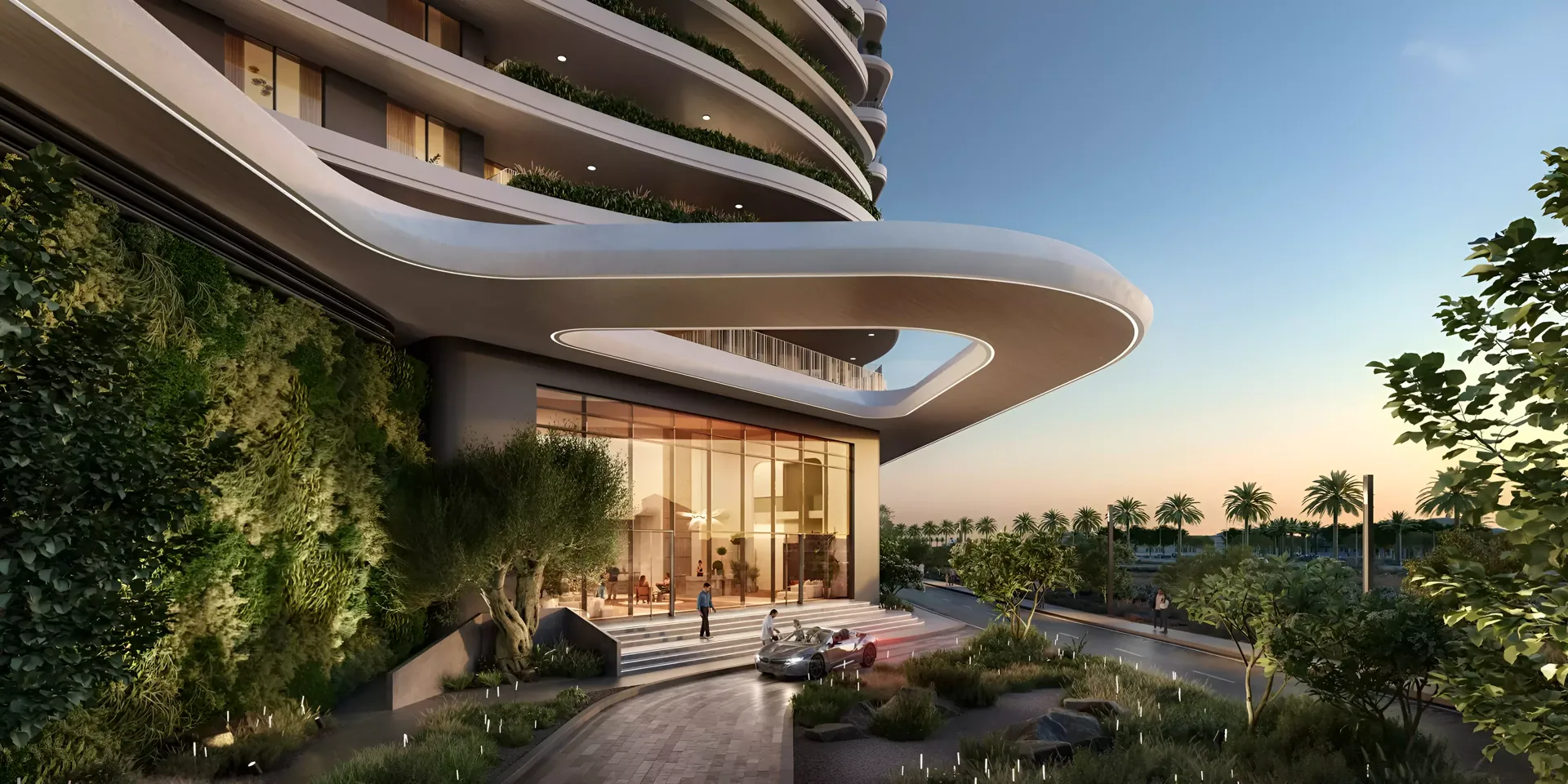 Moss / Verdes by Haven — Property Finder lobby and porte-cochère marketing still
