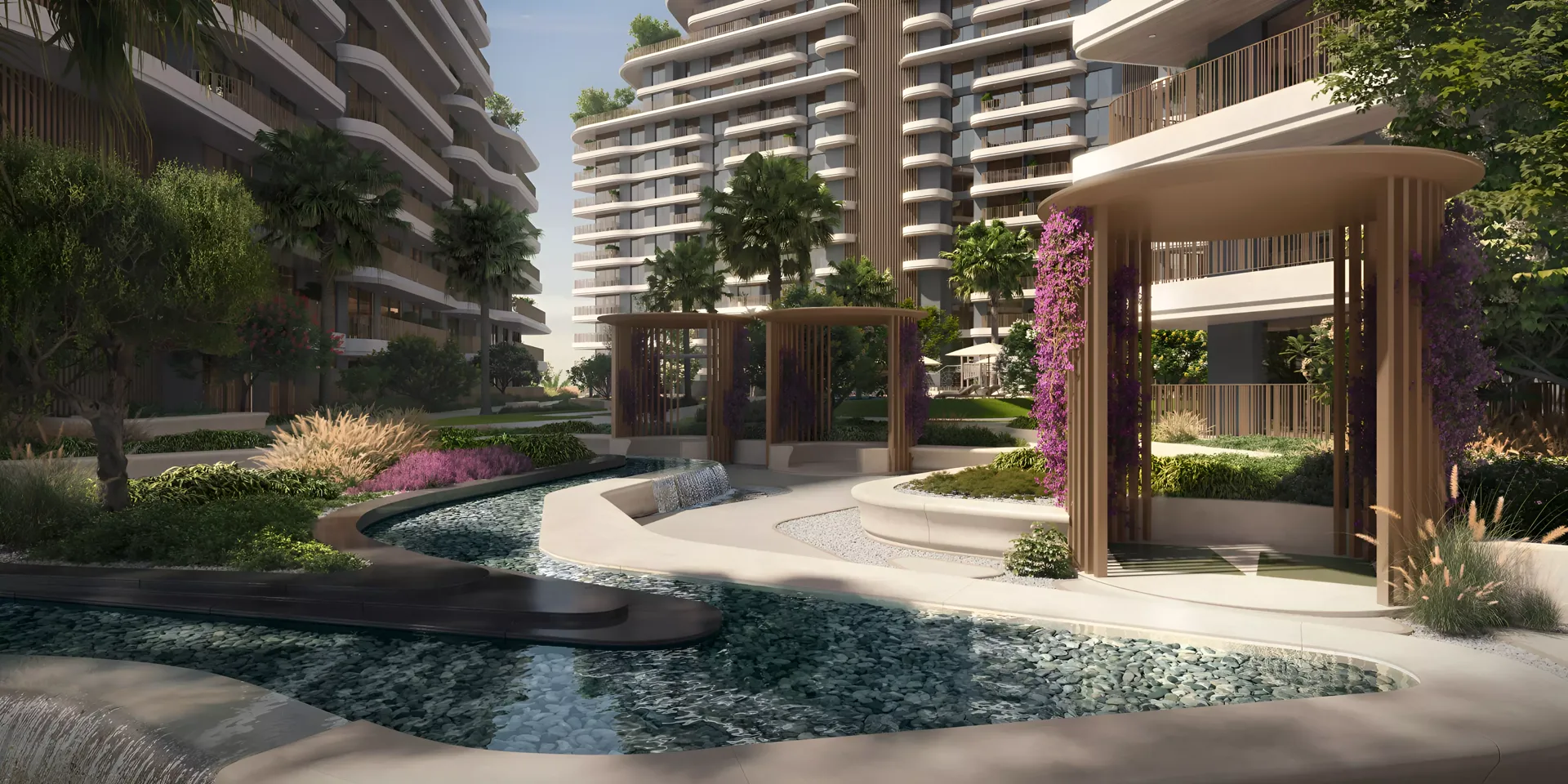Verdes by Haven — Property Finder landscaped water courtyard marketing still