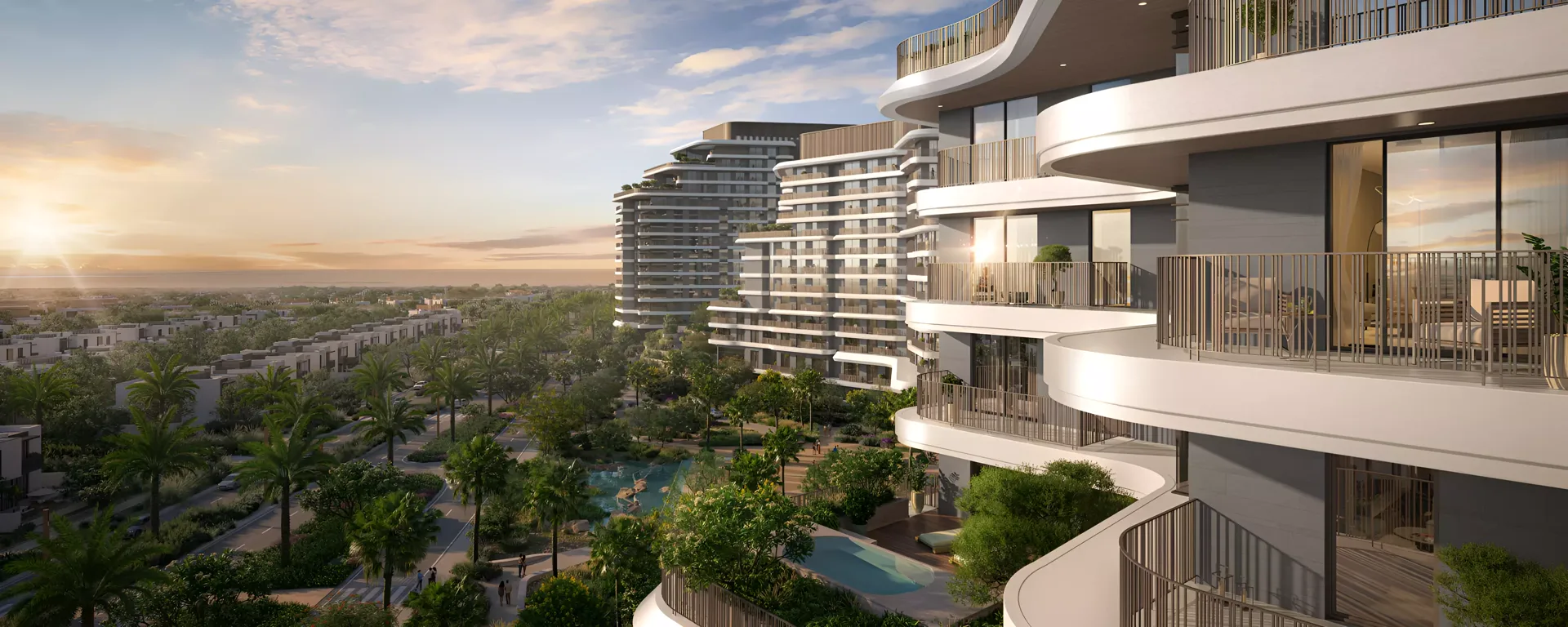 Verdes by Haven — Property Finder balcony and sunset community marketing still