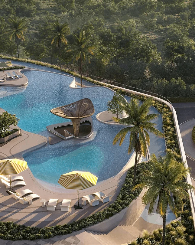 Mövenpick Residences — official family pool deck with palms and yellow umbrellas